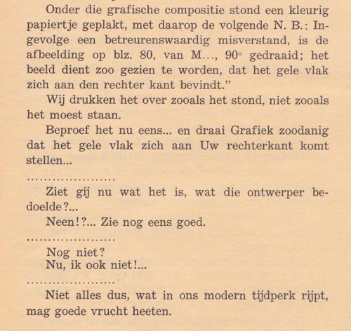 Tekstfragment uit: Peeters, “Niet twijfelen! De baan zwenkt, rechtdoor razen is zelfmoord” Grafiek, no. 18 (1945).