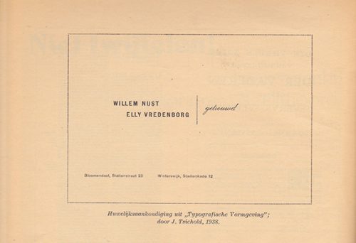 Bladzijde met reproductie van een huwelijksaankondiging door Jan Tschichold in: Jan Peeters (broeder Zephirijn), “Niet twijfelen! De baan zwenkt, rechtdoor razen is zelfmoord”, Grafiek, no. 18 (1945).